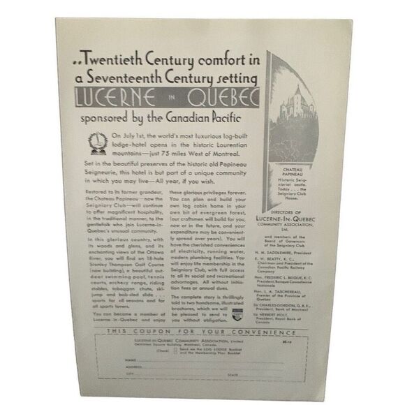 Vintage 1930 Canadian Pacific Lucerne Quebec Ad Advertisment - Picture 3 of 4
